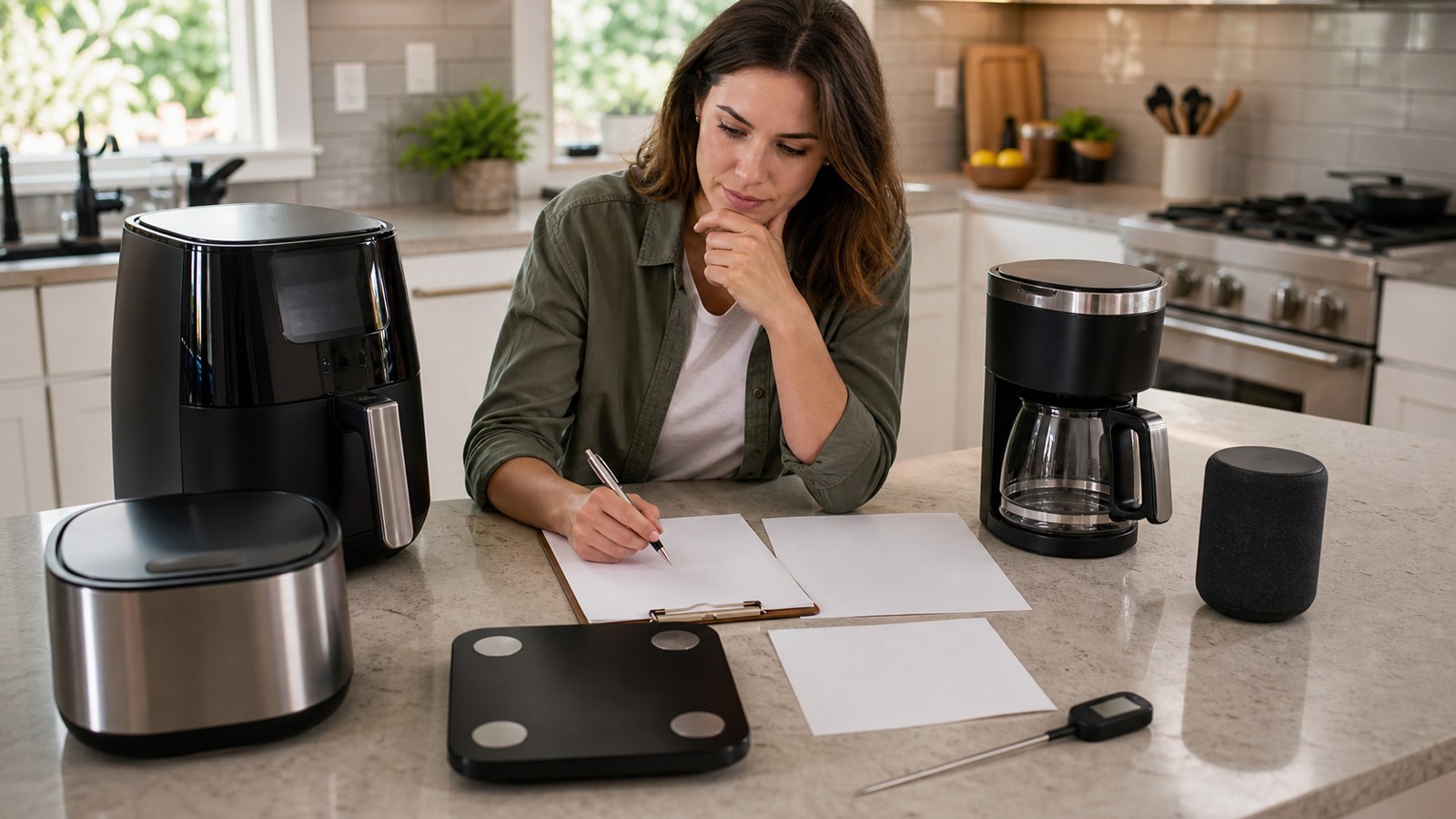 Homeowner evaluating smart kitchen gadgets on a bright kitchen island
