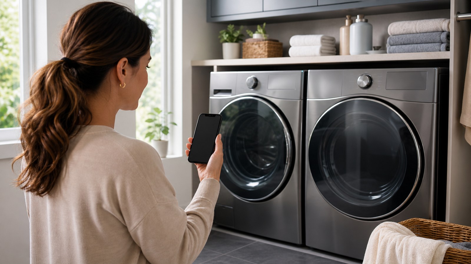Wi-Fi enabled washer in a modern laundry room with blank phone screen