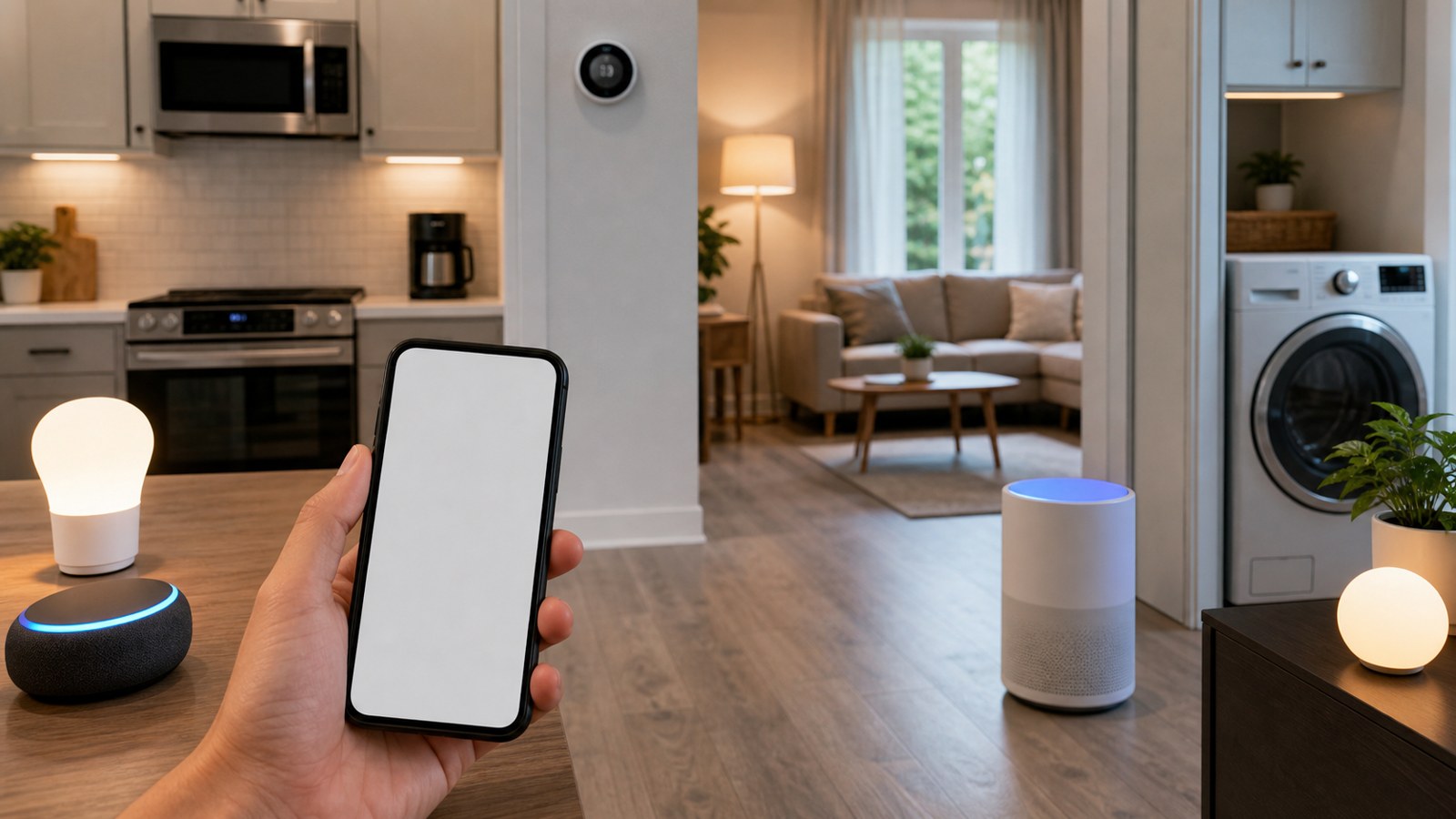 Smart home appliance control app context with blank phone screen