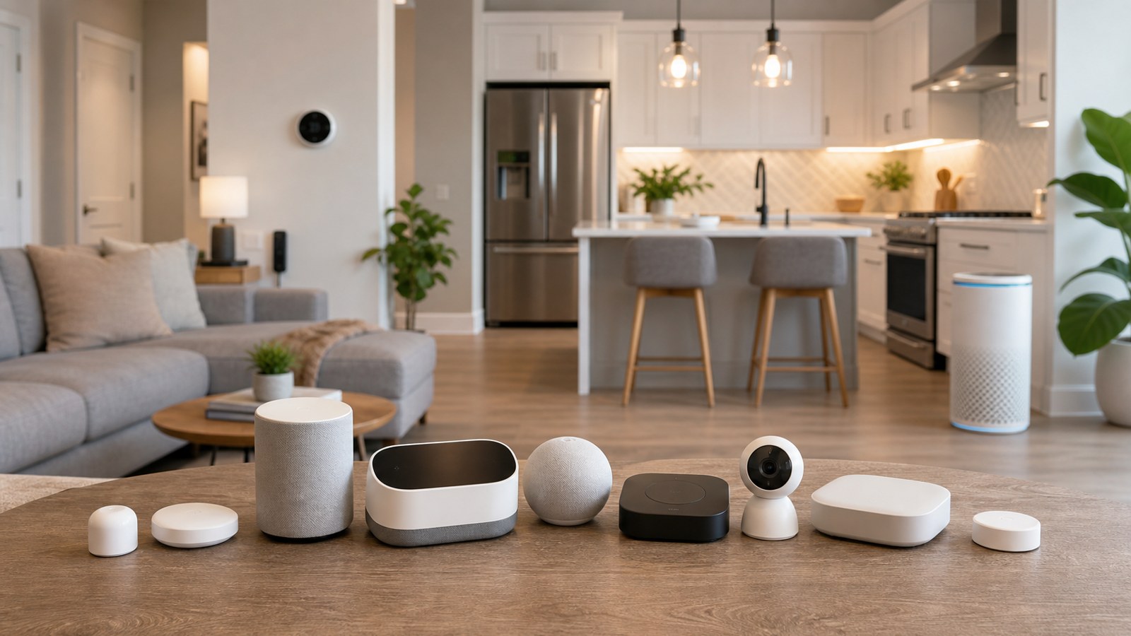 Unbranded smart home hub with connected devices in a modern home