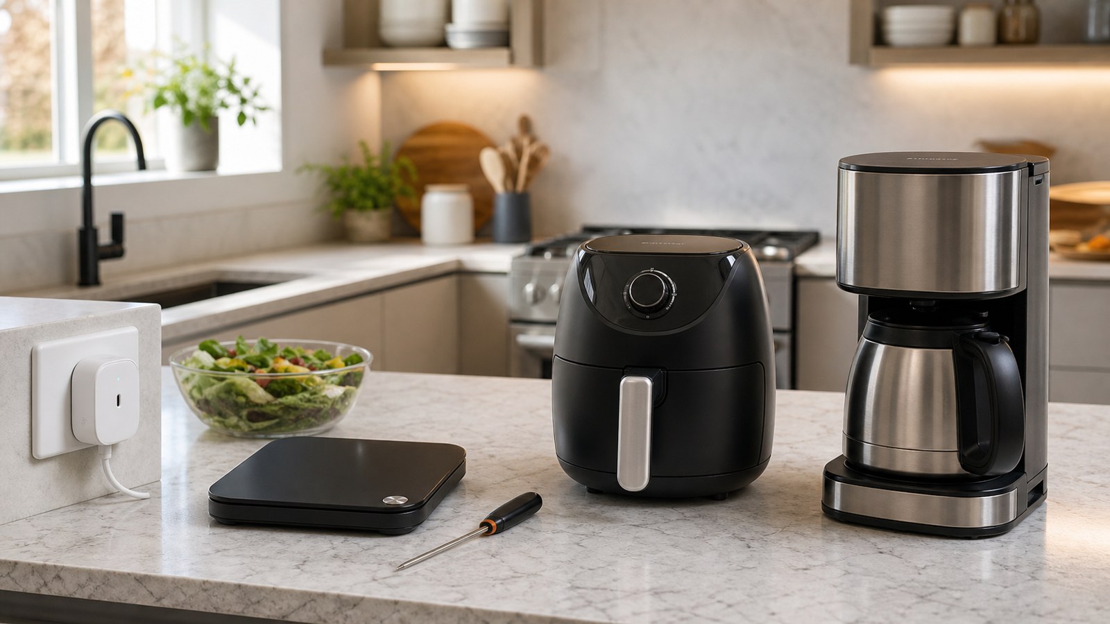 Smart kitchen gadgets across budget levels on a bright kitchen counter