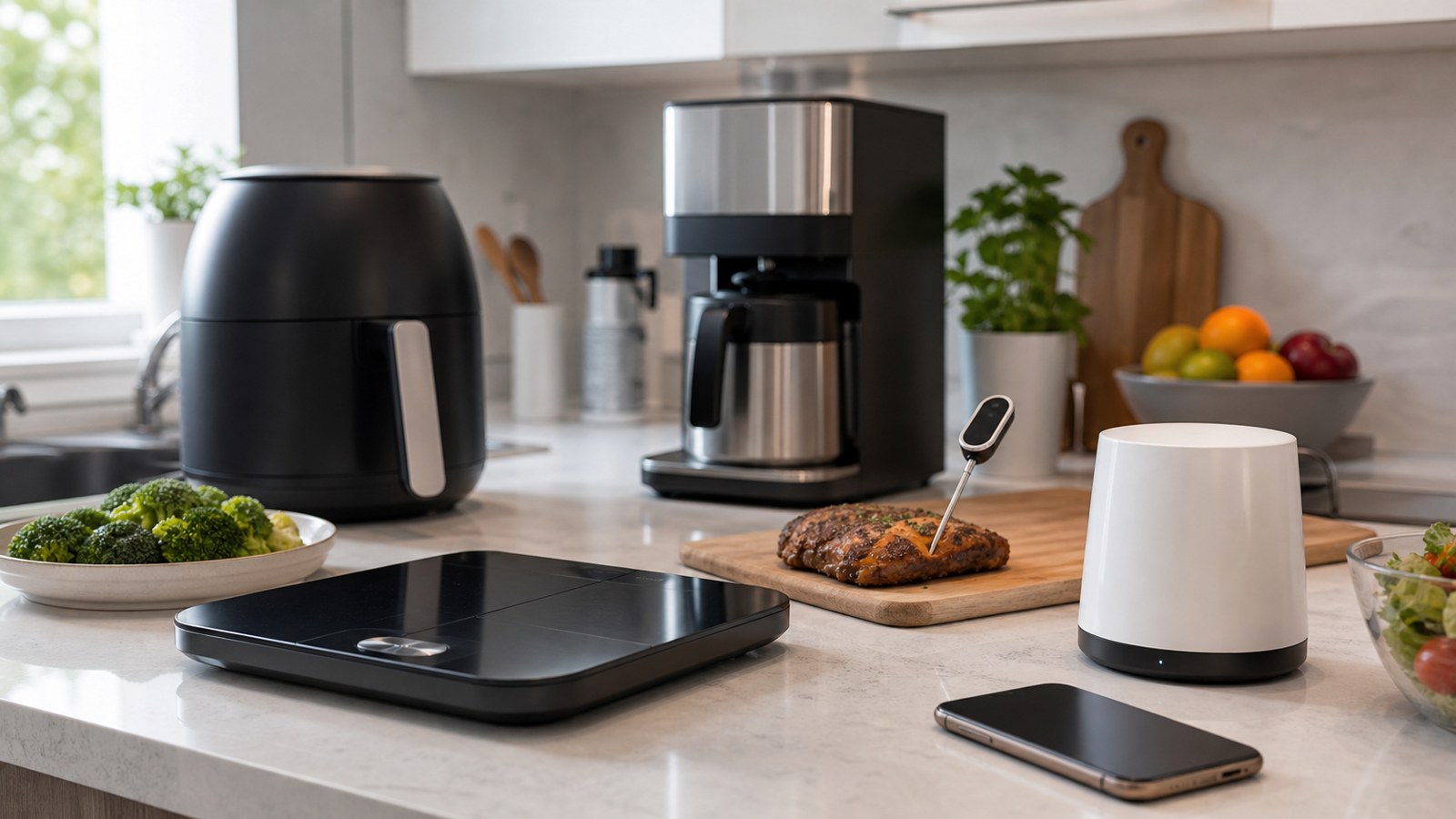 Useful smart kitchen gadgets arranged on a modern kitchen counter