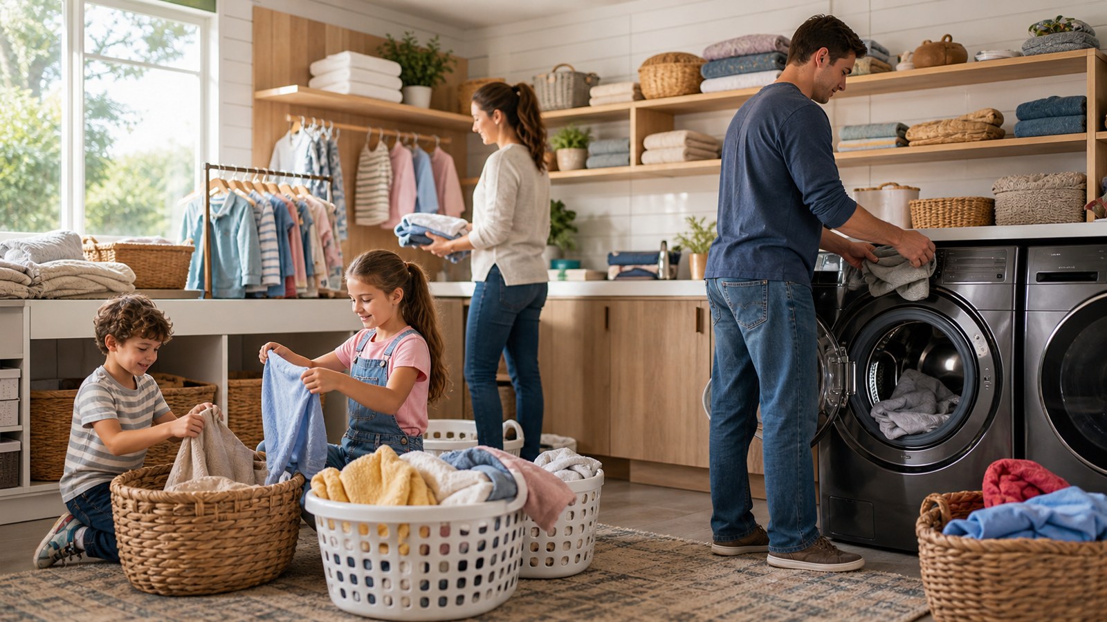 Large family laundry room with high-capacity smart washing machine