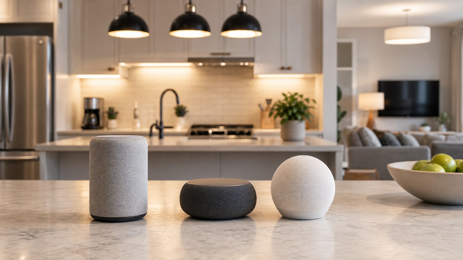 Three unbranded smart speakers compared on a kitchen island