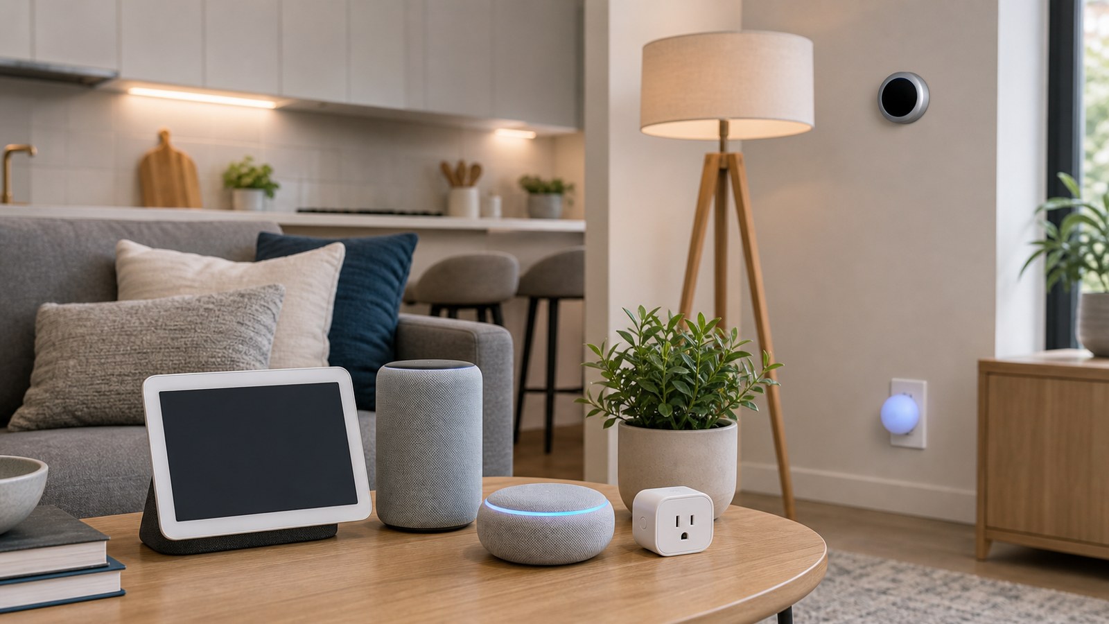 Voice-controlled smart devices arranged naturally in a modern home