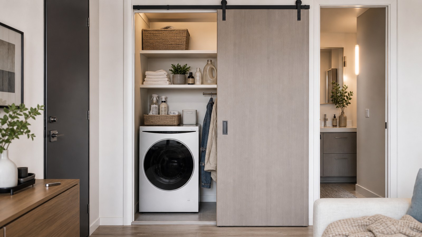 Compact laundry closet with Wi-Fi enabled washer in a small home