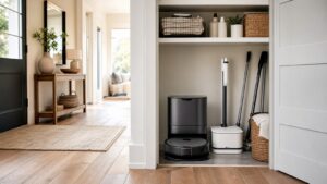 Modern utility closet with connected cleaning devices for saving time and effort