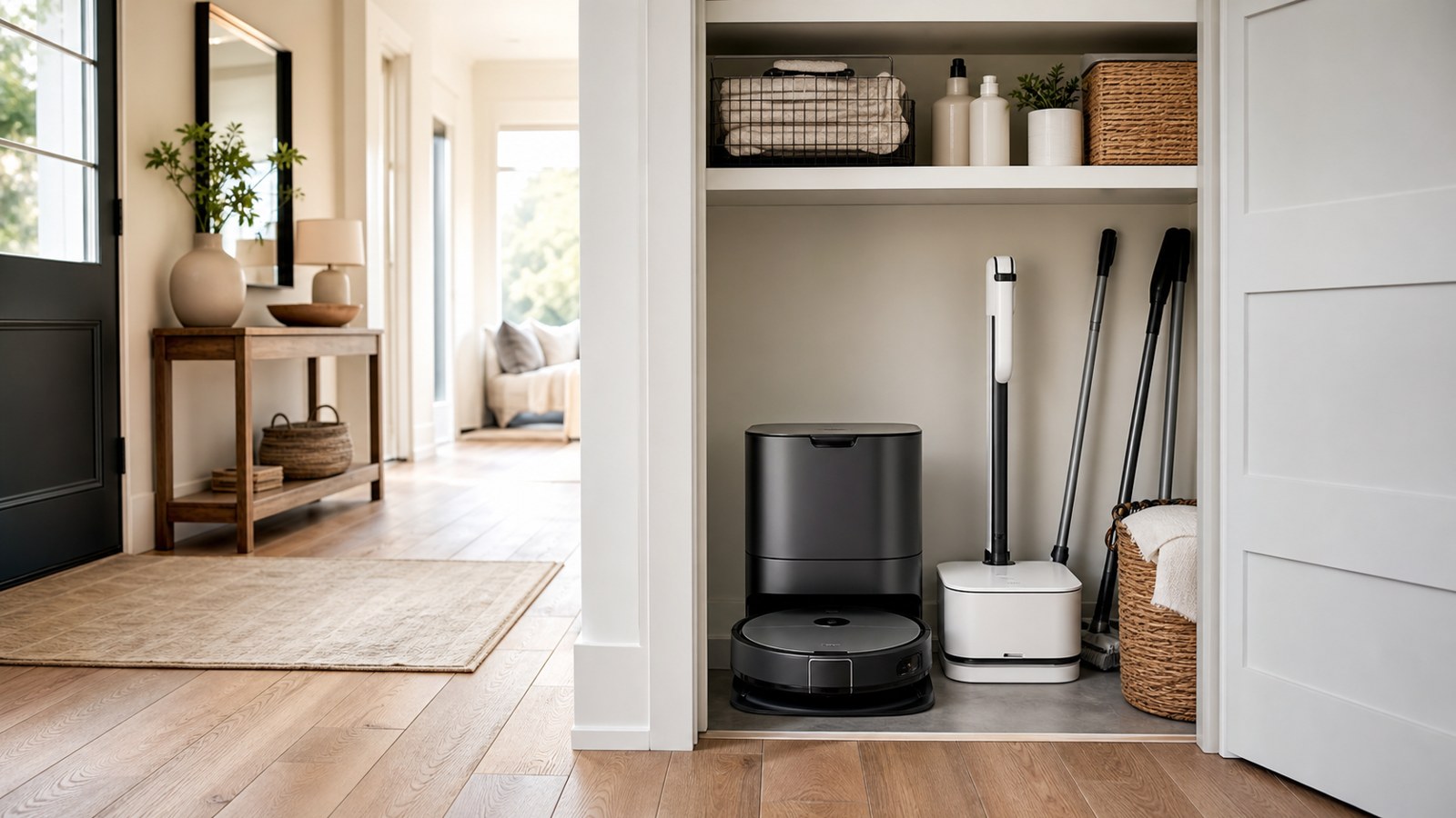 Modern utility closet with connected cleaning devices for saving time and effort