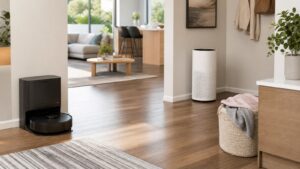 Open plan home arranged for automated cleaning with smart devices in separate zones