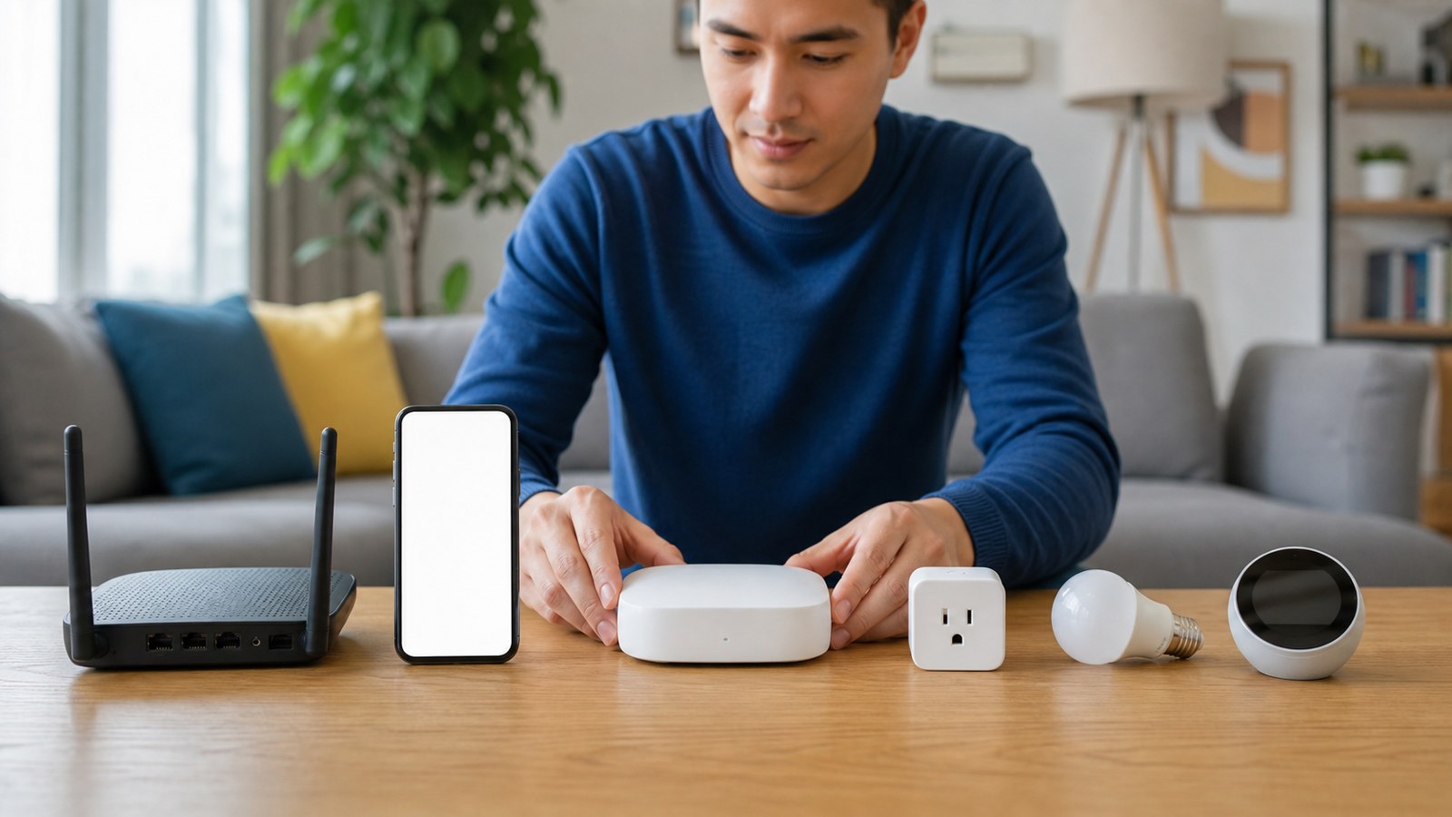 Beginner home automation hub setup with router and smart devices