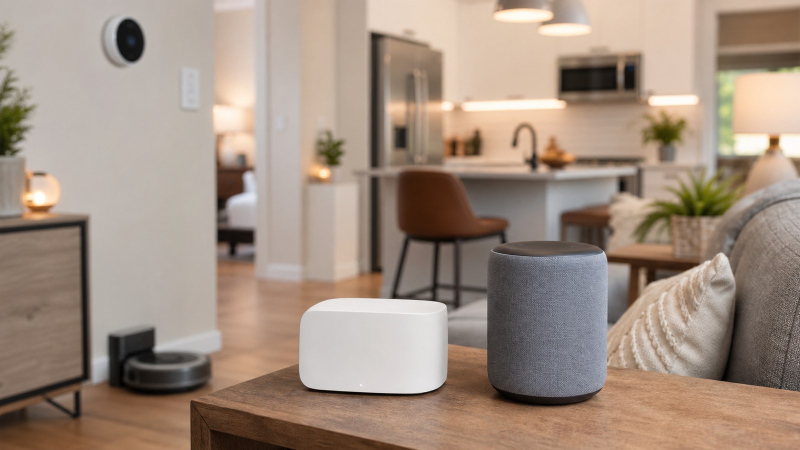 Home automation hub and smart speaker compared in a modern home
