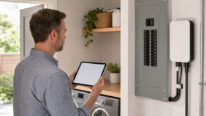 Smart home energy monitor beside a residential electrical panel