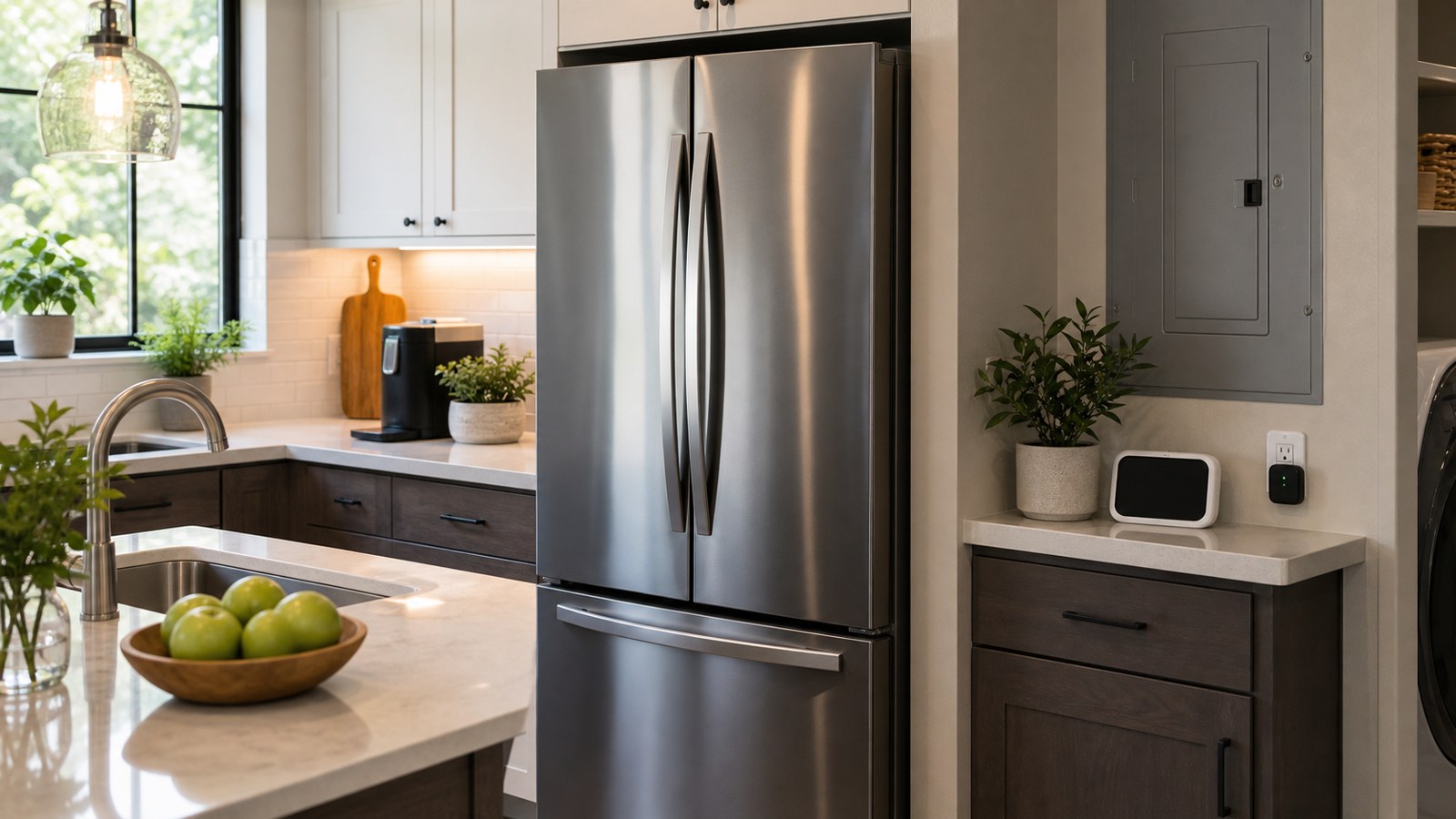 Smart refrigerator in an energy-conscious modern kitchen
