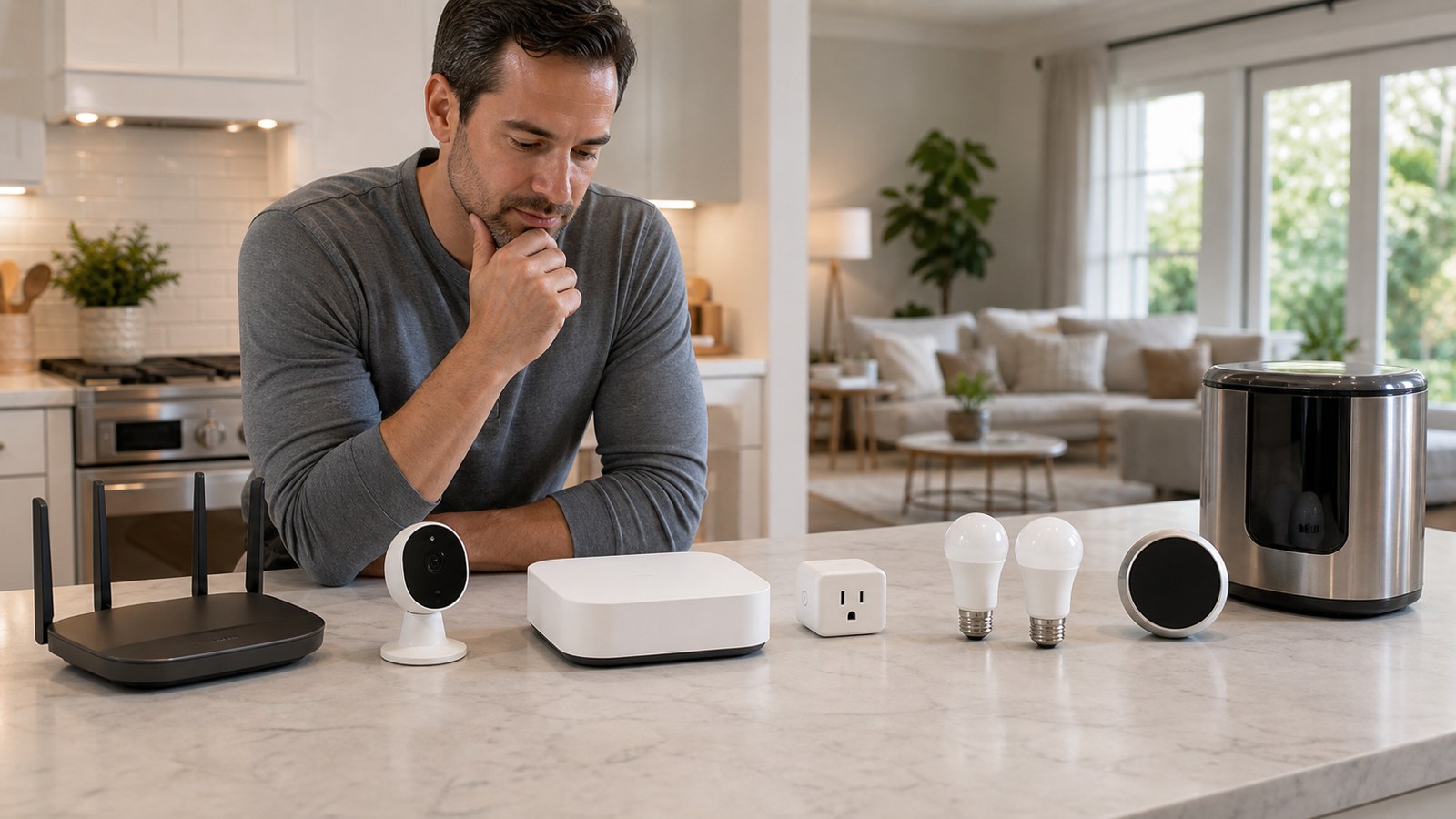 Homeowner choosing a home automation hub with smart devices on a kitchen island