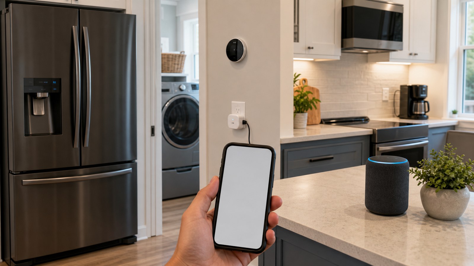 Smart appliances connected to one app with blank phone screen