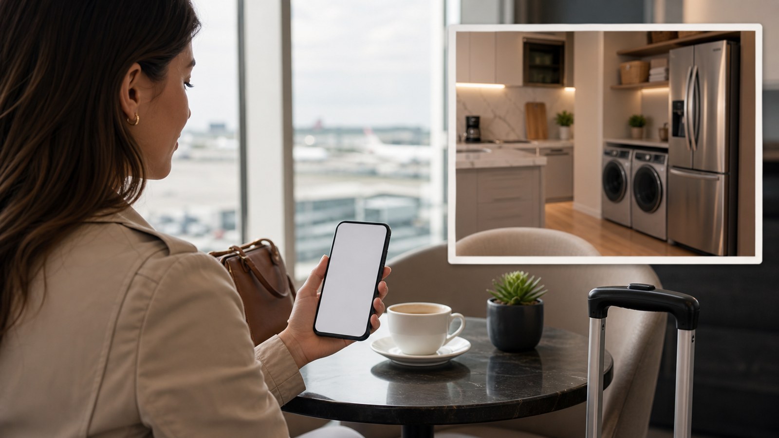 Traveler monitoring smart appliances remotely with blank phone screen