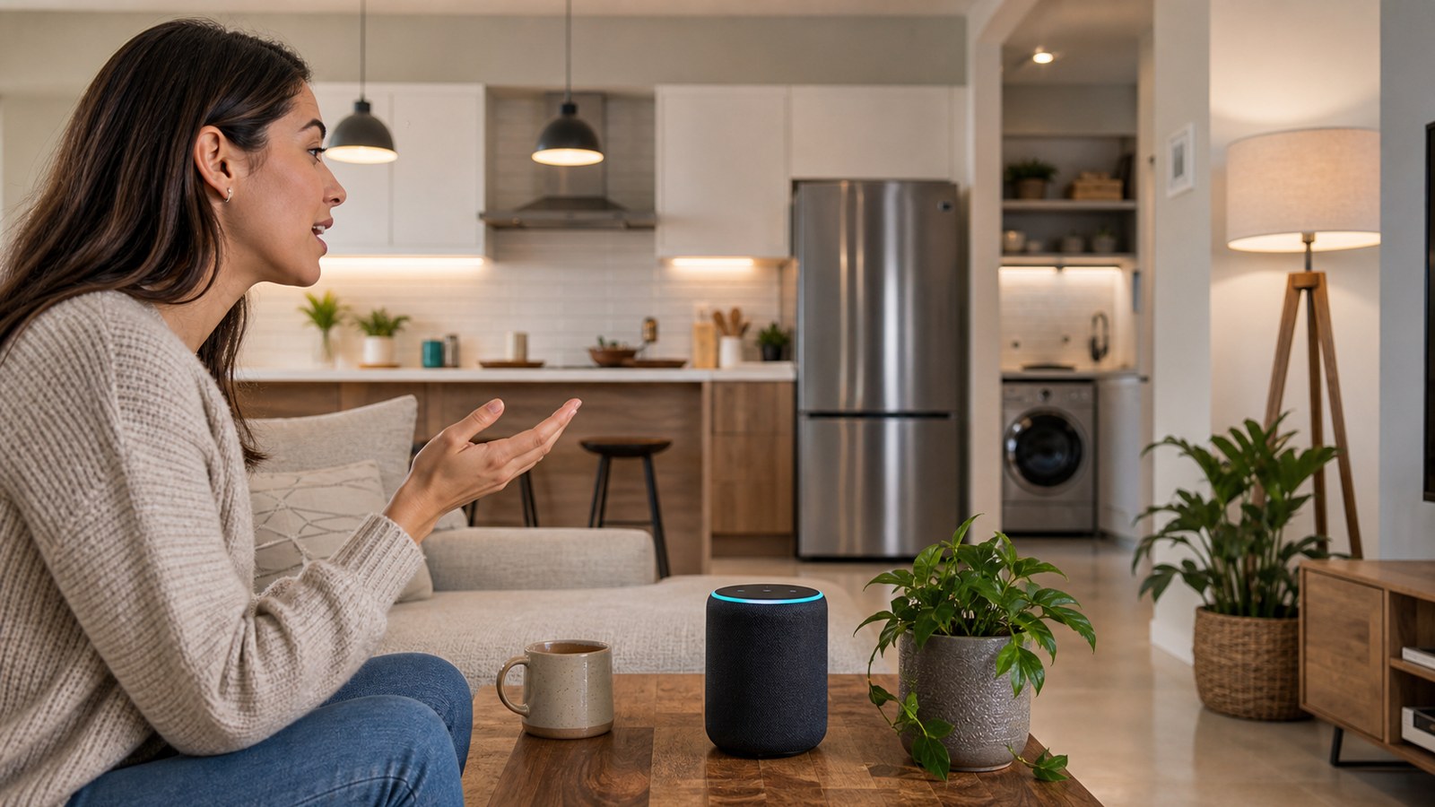 Person using voice control with smart speaker and connected appliances