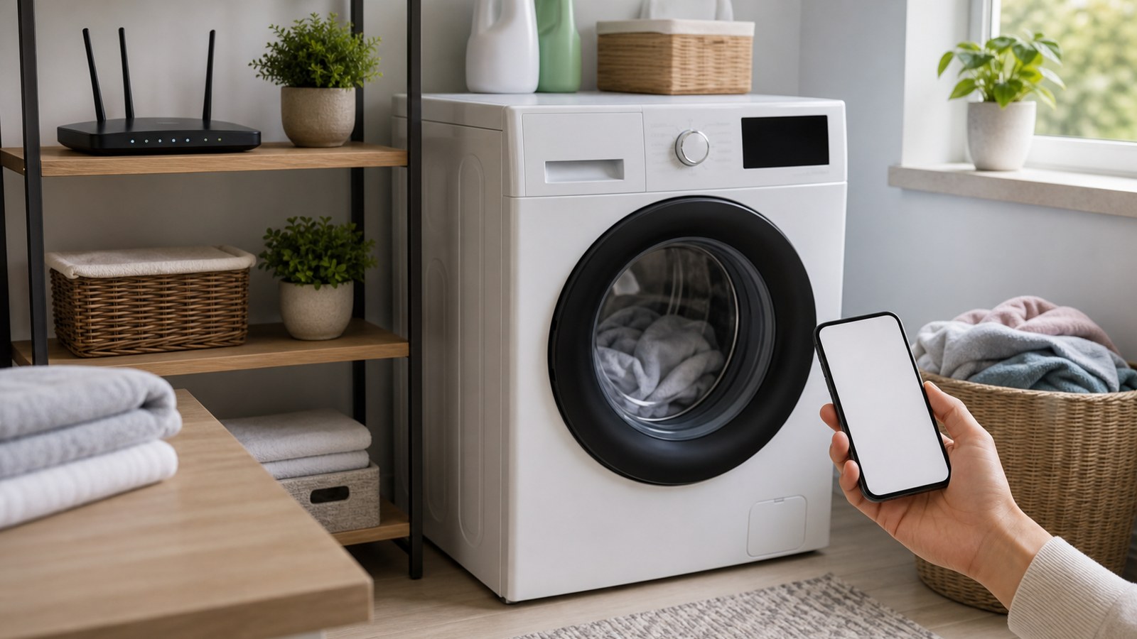 Wi-Fi enabled washer with home router in a tidy laundry room