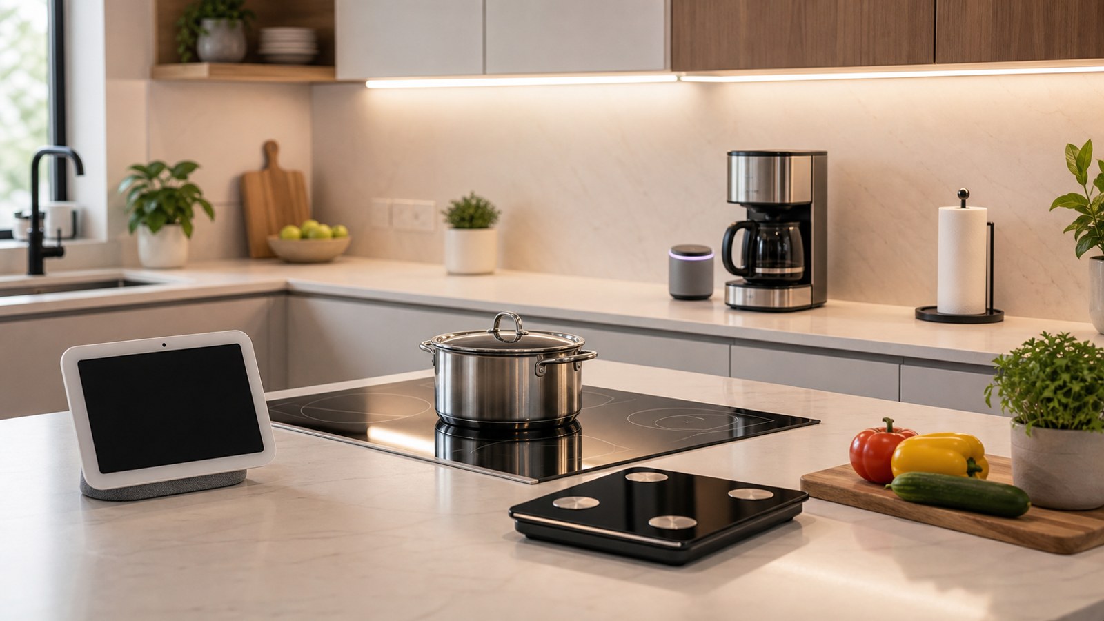 Modern kitchen with must-have smart gadgets and blank smart display