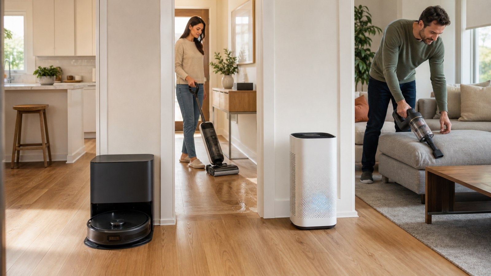 Multiple smart cleaning devices placed naturally across a contemporary home