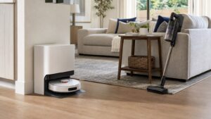 Robot vacuum and smart cleaning tools in a bright modern living room