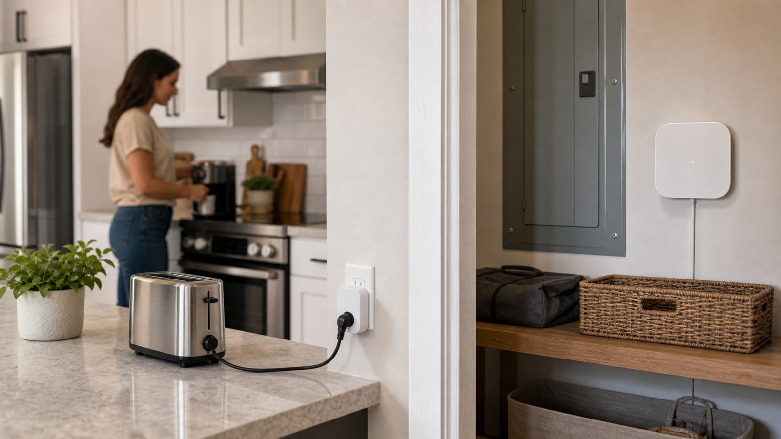 Smart plug and whole-home energy monitor compared in a modern home