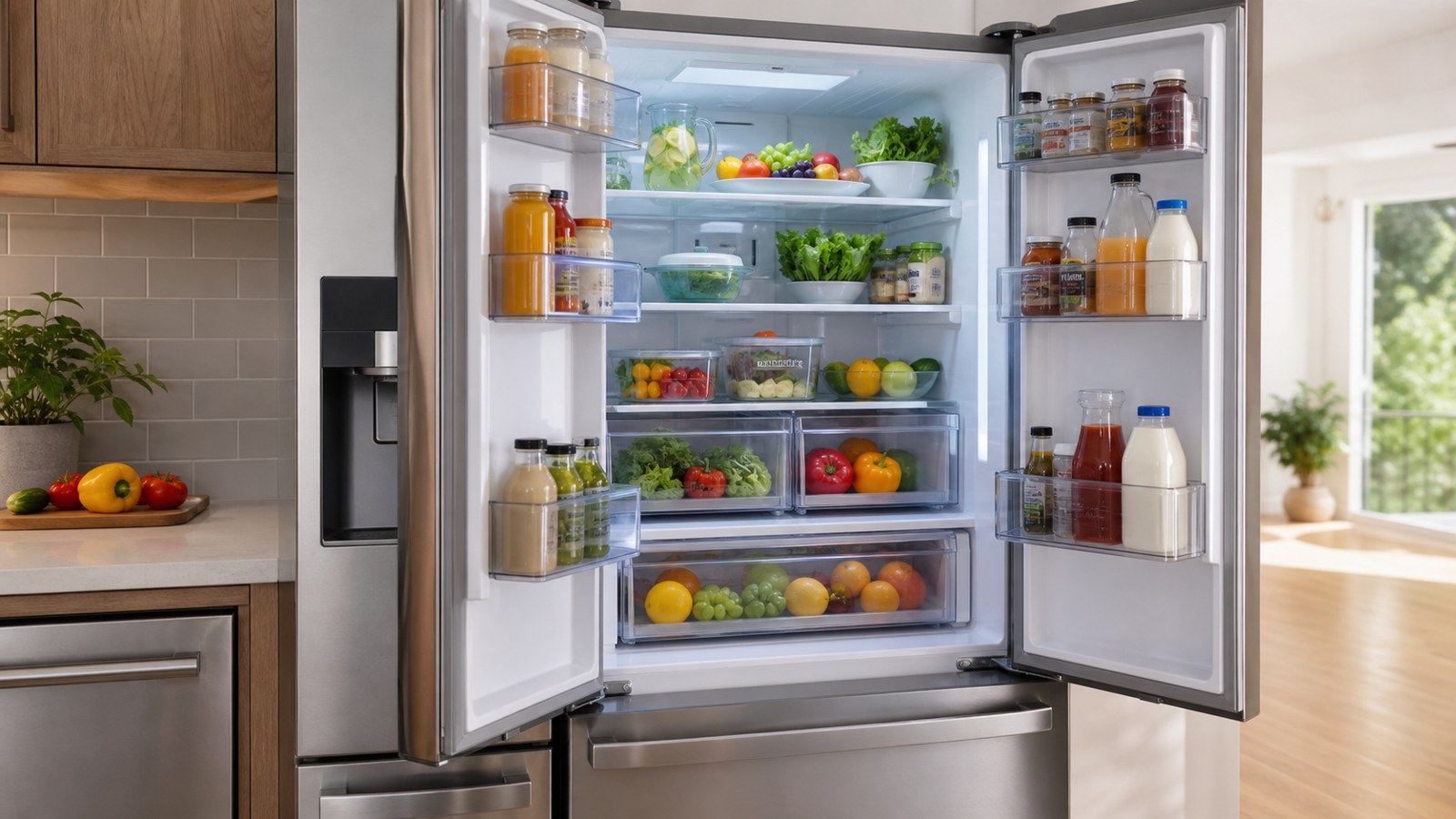Open smart refrigerator showing flexible storage and organized groceries