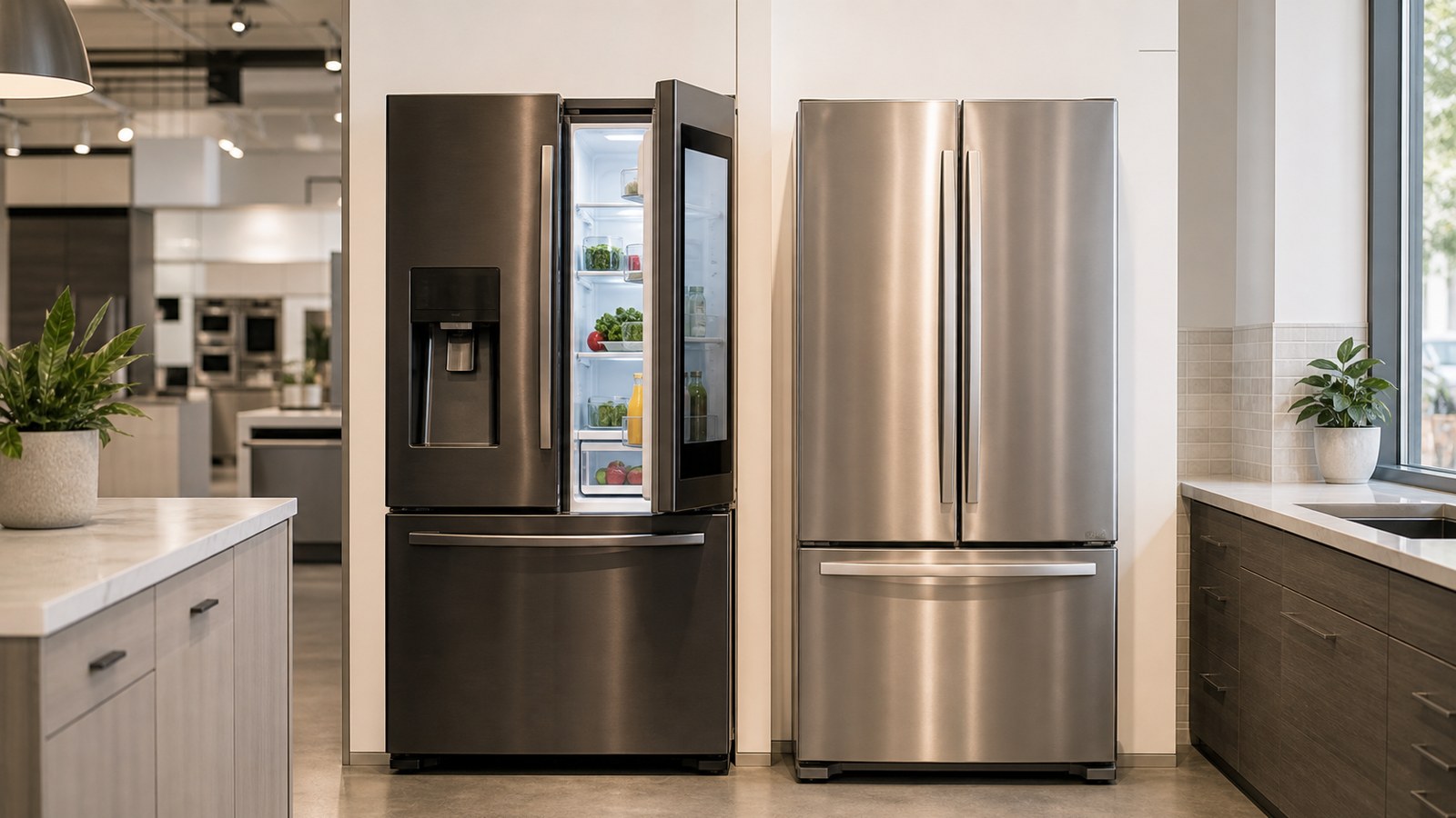 Smart and traditional refrigerators compared in a clean kitchen showroom
