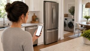 Homeowner reviewing smart appliance energy use with blank phone screen