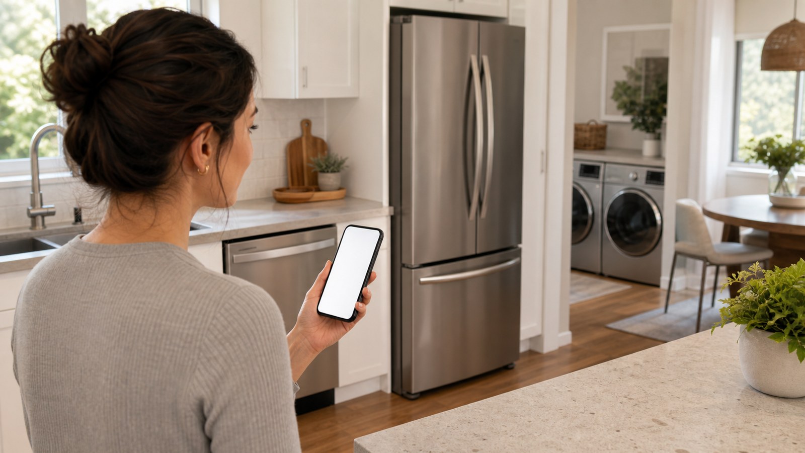Homeowner reviewing smart appliance energy use with blank phone screen