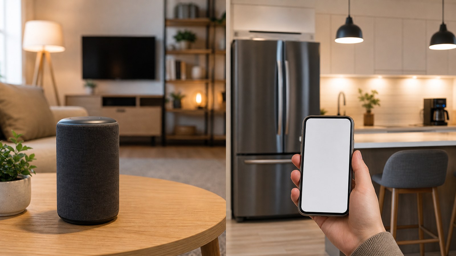 Smart speaker and blank phone screen comparing voice control and apps
