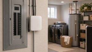 Whole-home energy monitoring hub installed in a tidy utility room