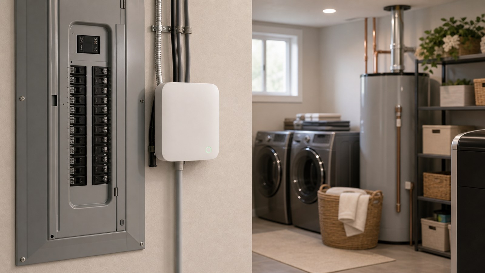 Whole-home energy monitoring hub installed in a tidy utility room