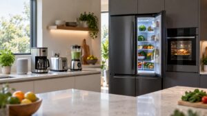 kitchen scene contrasting ordinary connected countertop appliances with adaptive refrigerator and oven