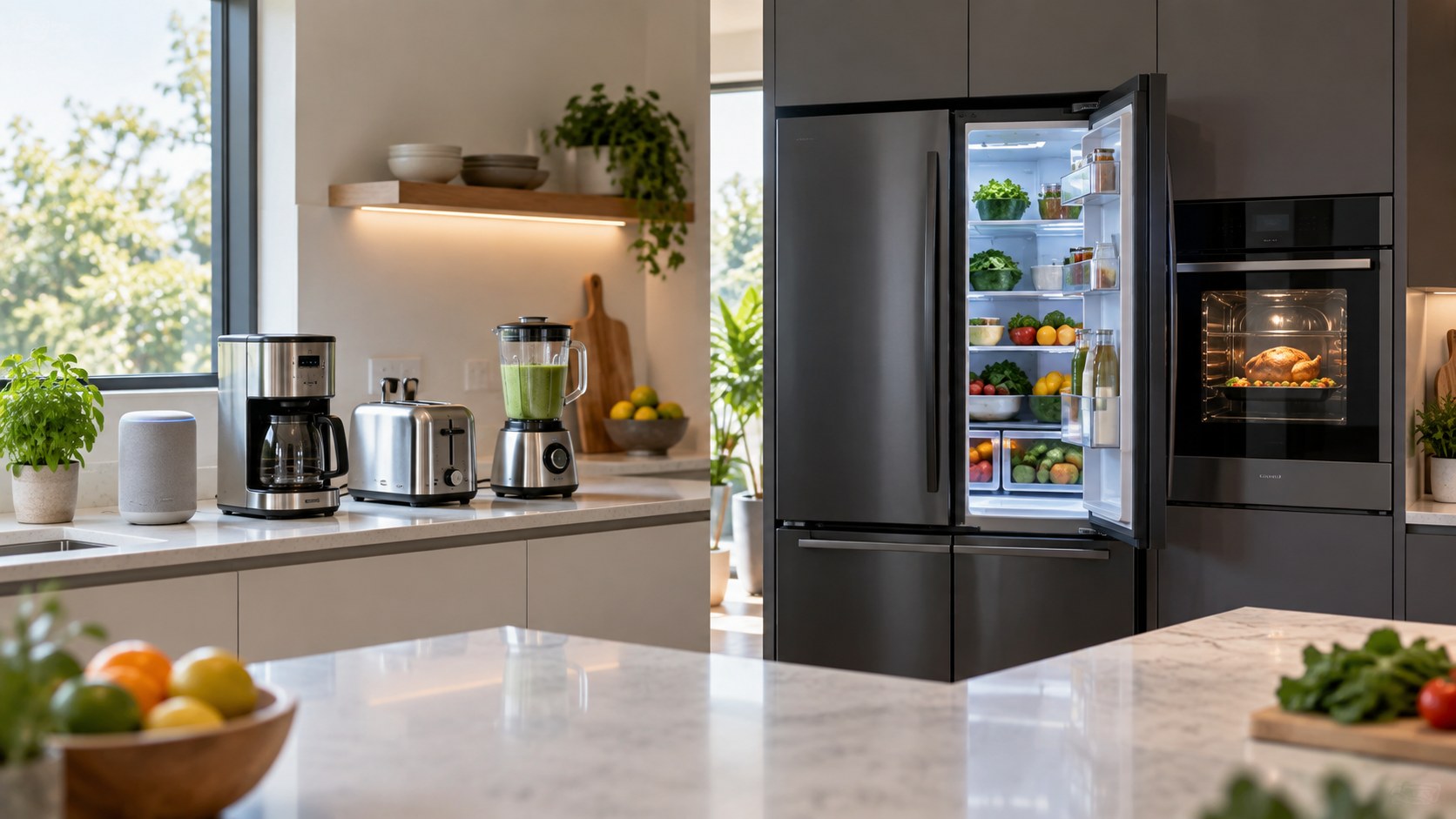 kitchen scene contrasting ordinary connected countertop appliances with adaptive refrigerator and oven