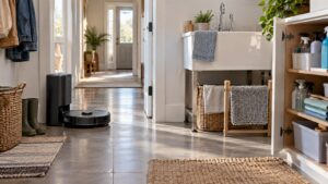 Robot vacuum returning to its dock near organized cleaning supplies in a bright utility area after routine floor cleaning.