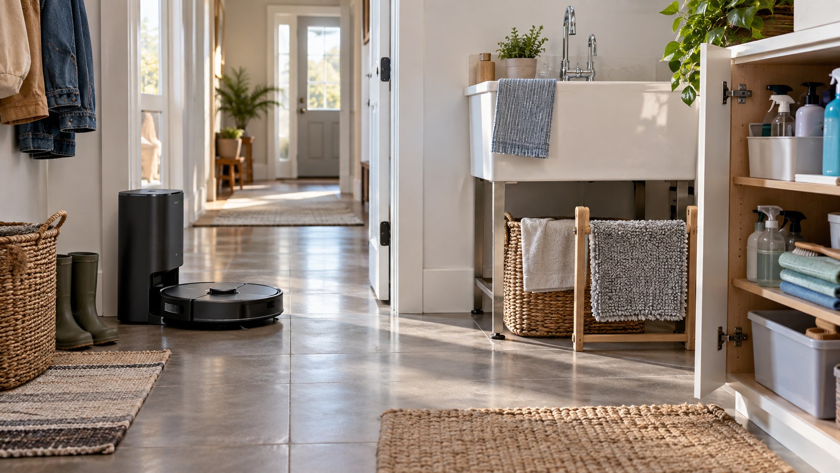 Robot vacuum returning to its dock near organized cleaning supplies in a bright utility area after routine floor cleaning.