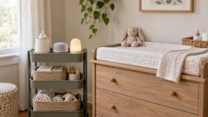 Essential baby appliances organized on a nursery cart