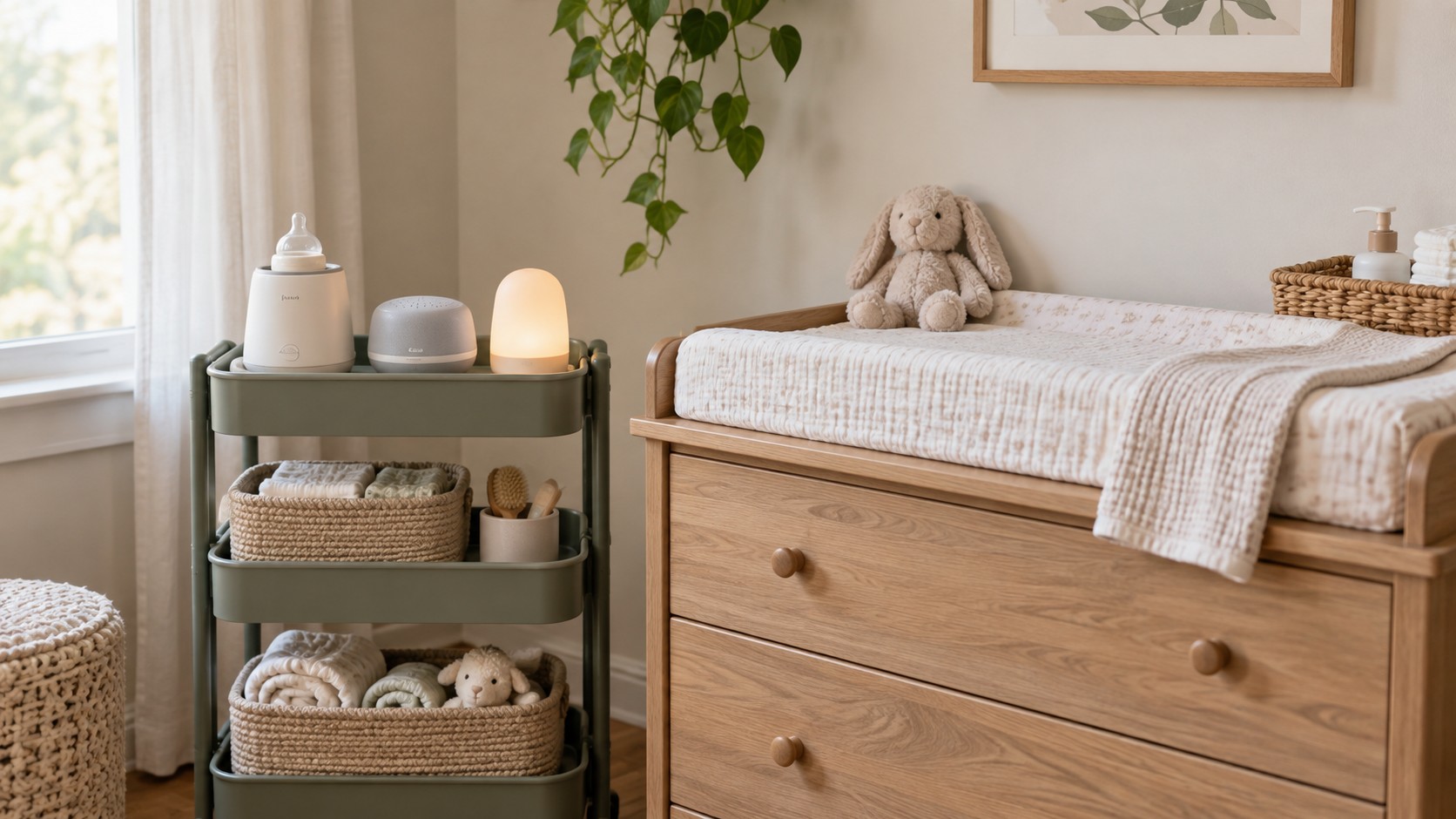 Essential baby appliances organized on a nursery cart