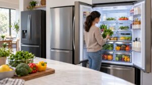 open AI refrigerator with organized produce drawers and homeowner arranging groceries