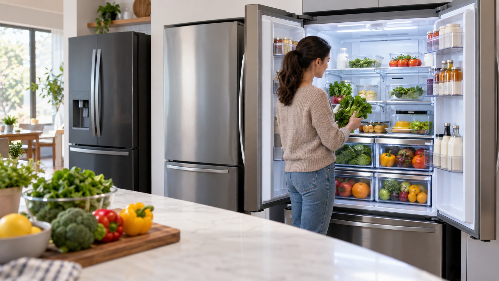 open AI refrigerator with organized produce drawers and homeowner arranging groceries