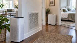 whole-home hallway air quality setup with purifier, dehumidifier, HVAC return, and bedroom