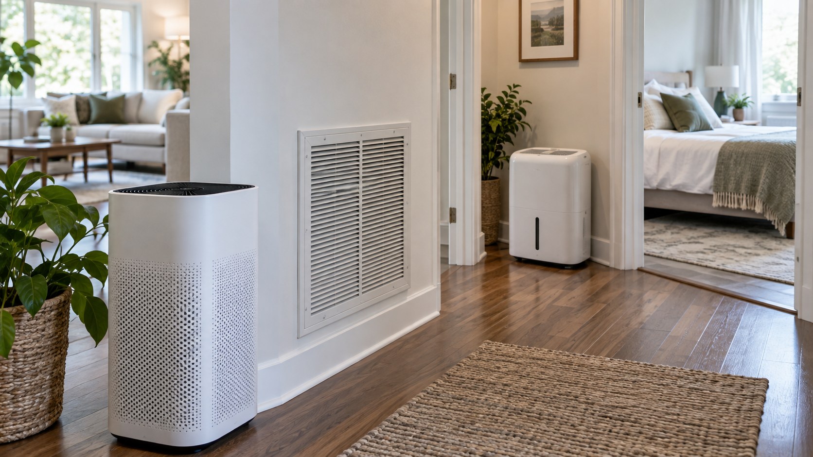 whole-home hallway air quality setup with purifier, dehumidifier, HVAC return, and bedroom