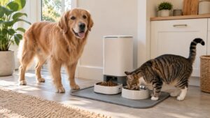 Automatic pet feeder serving food in a kitchen nook