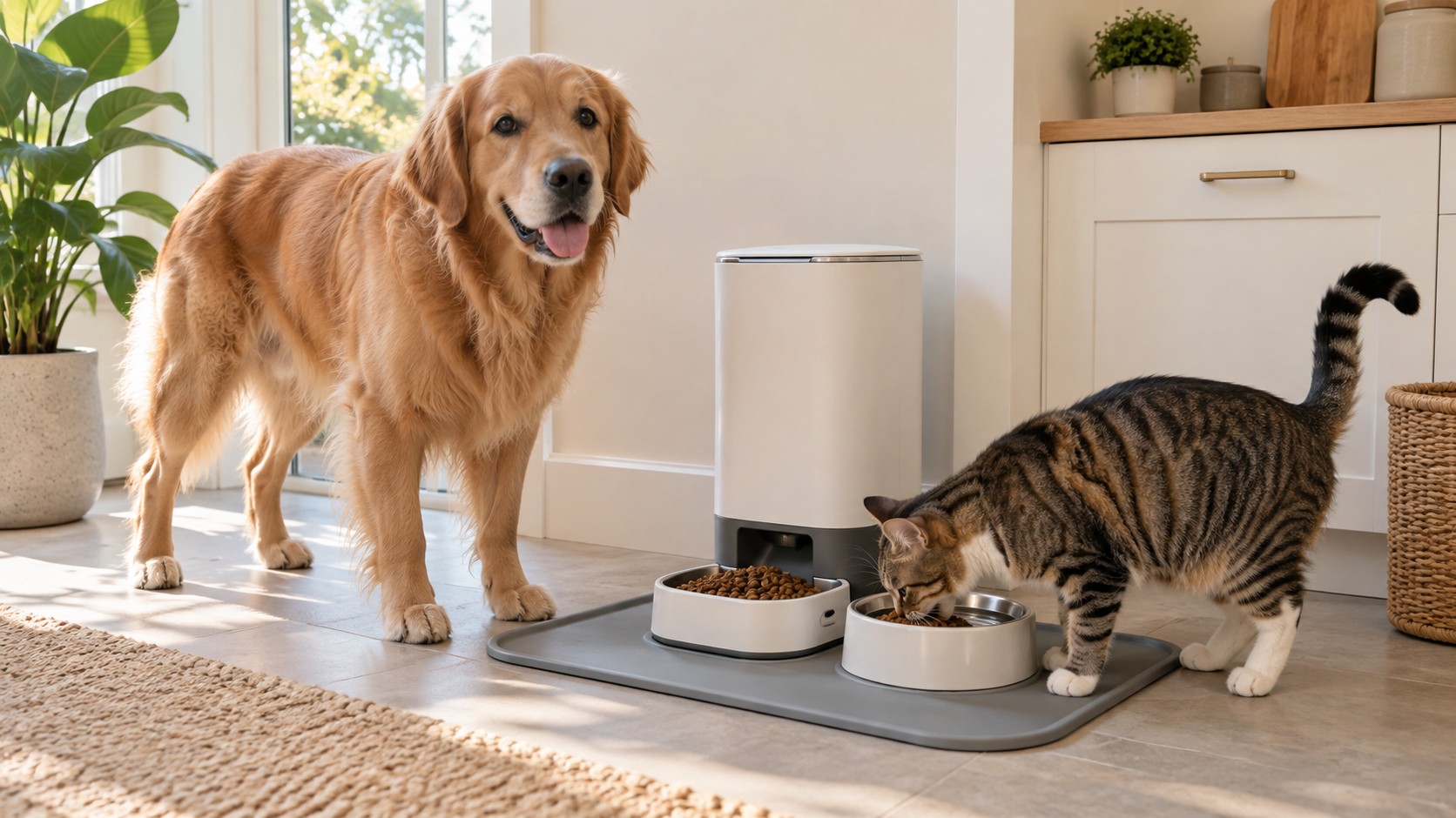 Automatic pet feeder serving food in a kitchen nook