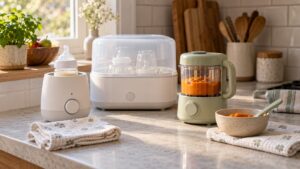 Baby and family appliances arranged on a kitchen counter