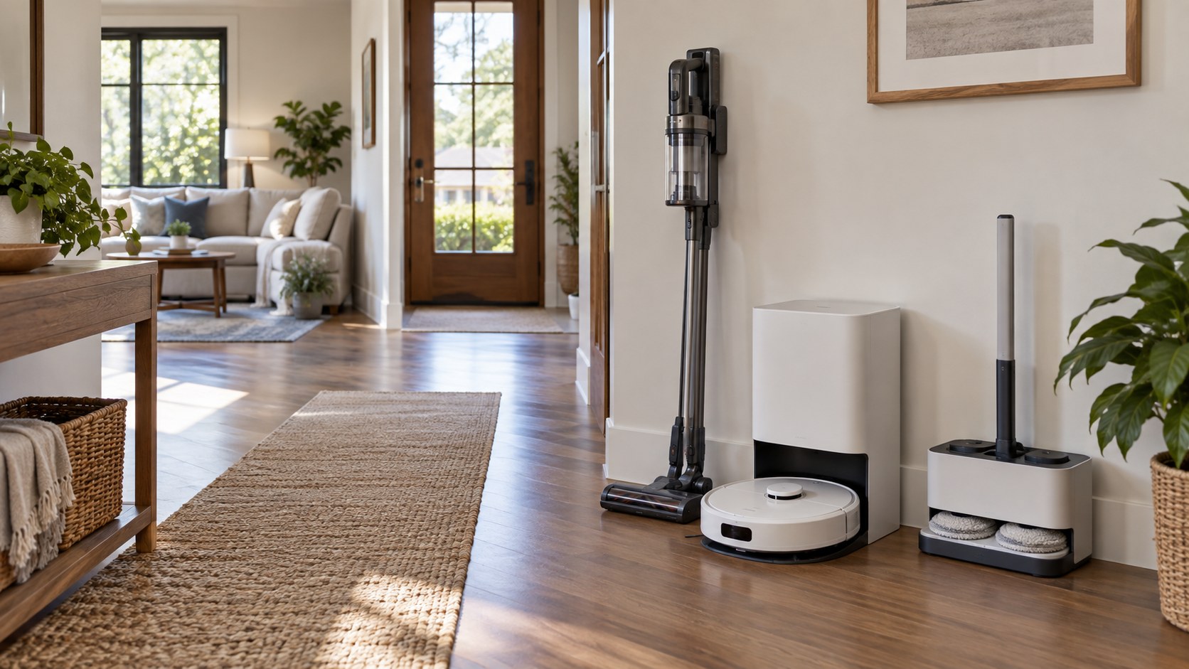 Connected cleaning tools organized in a bright smart home hallway with a robot vacuum, dock, cordless vacuum, and mop station.