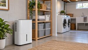 dehumidifier in a clean basement laundry room with dry storage bins