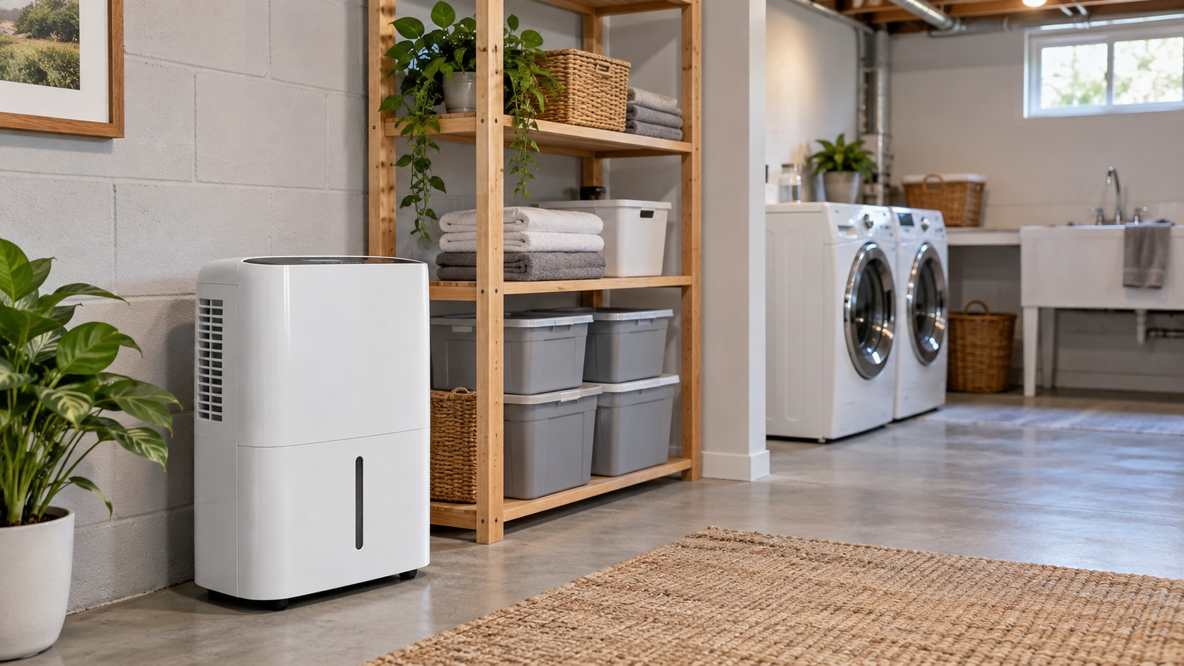 dehumidifier in a clean basement laundry room with dry storage bins