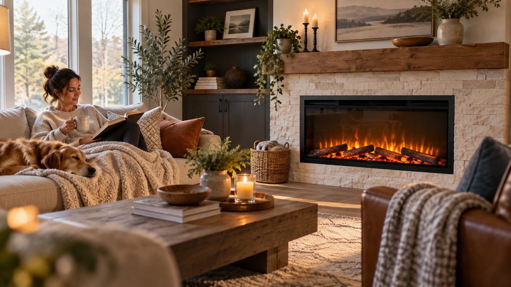 Electric fireplace in a cozy low-maintenance living room